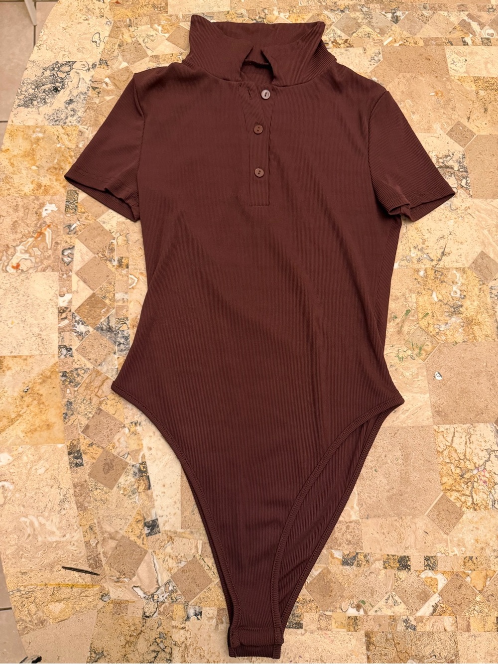 SHEIN Brown Ribbed Polo Snap-Back One-Piece Bodysuit